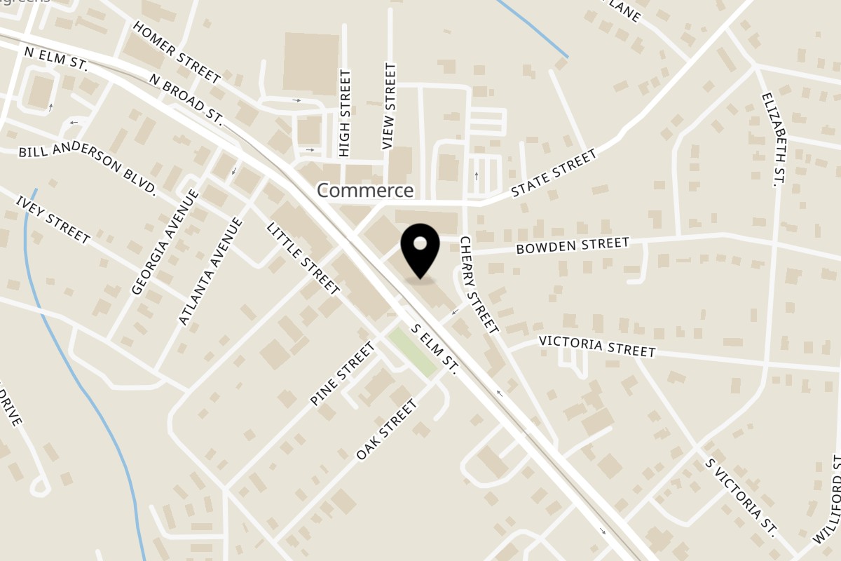 Map showing the location of Commerce Sports Bar and Grill on 1650 S Broad St in Commerce